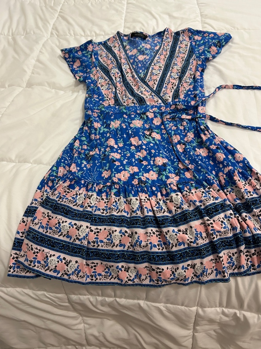 Blue Floral Wrap-Style Kids Dress with Pink Accents